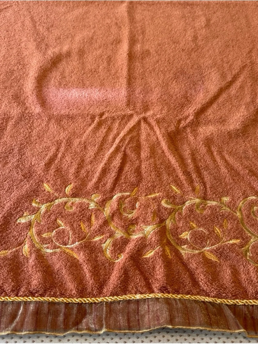 TWO Vintage Avanti Rust Orange Bath Towels with Gold Embroidered Scroll